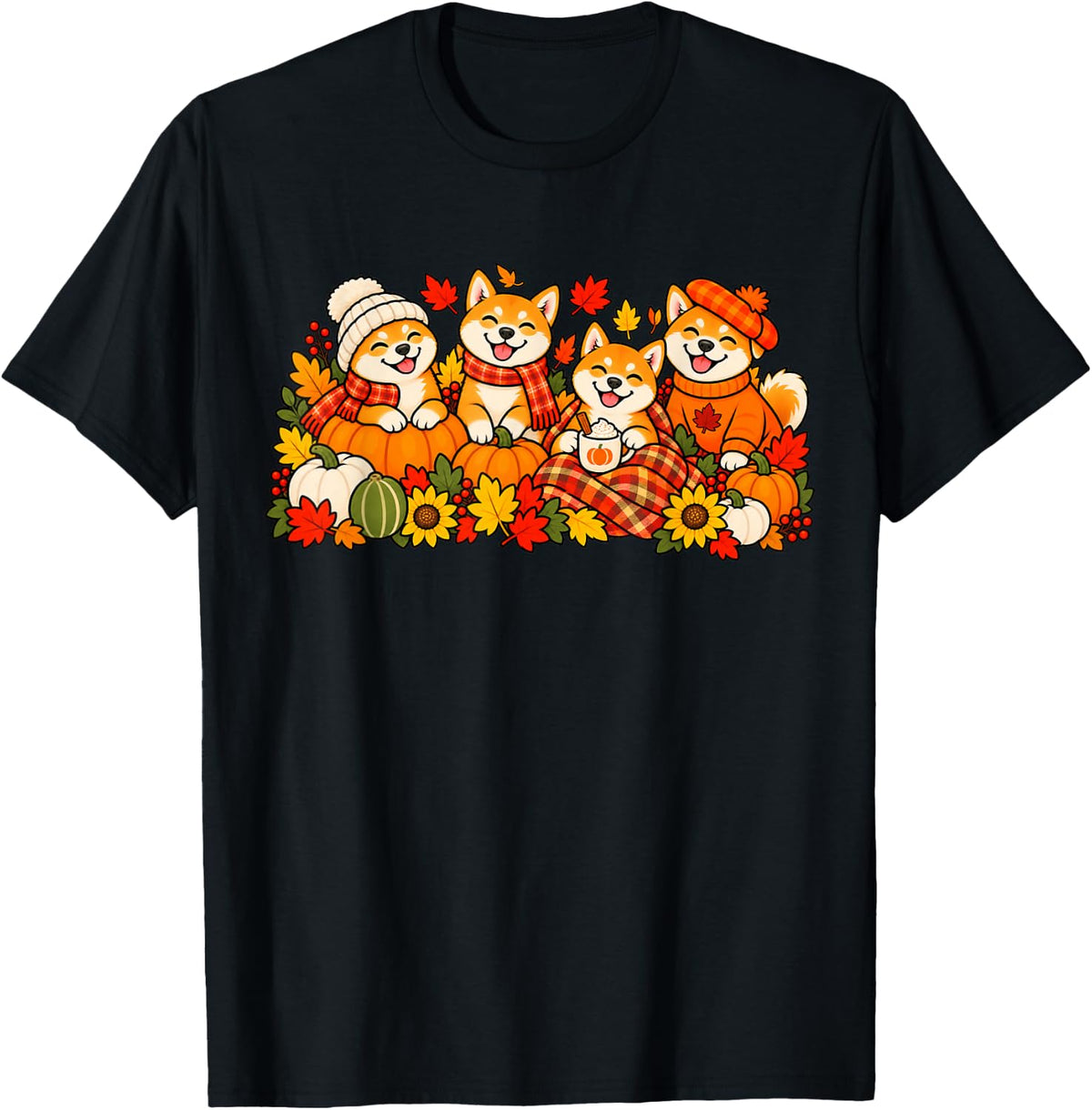Cute Four Shiba Inu Dogs Pumpkin Autumn Fall Thanksgiving T-Shirt - Black
