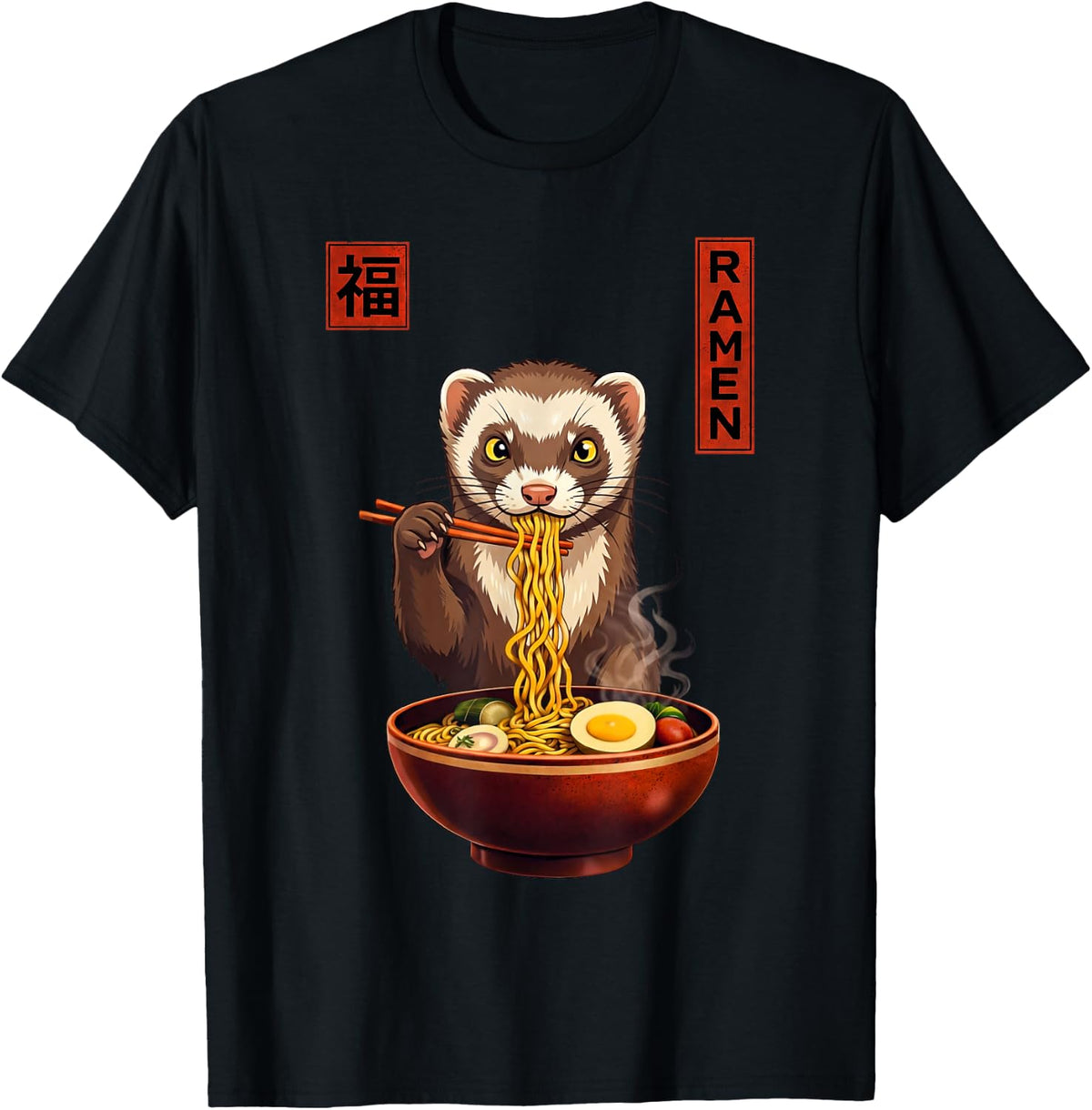 Ferret Ramen Japanese Art Funny Anime Graphic Tee Kawaii T-Shirt - Black