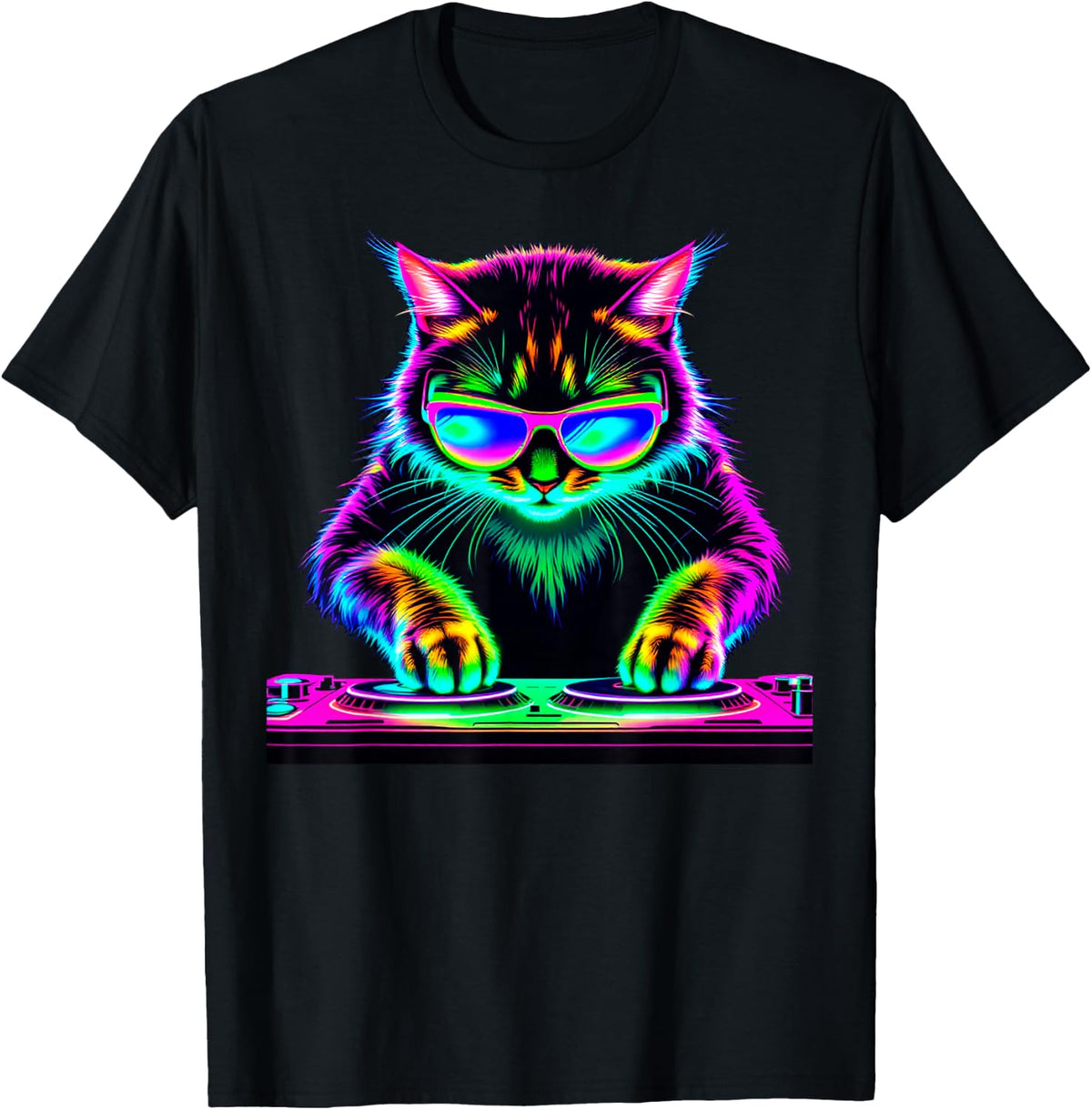 DJ Cat Techno EDM Music Lover Rave Disco Party Cats T-Shirt - Black