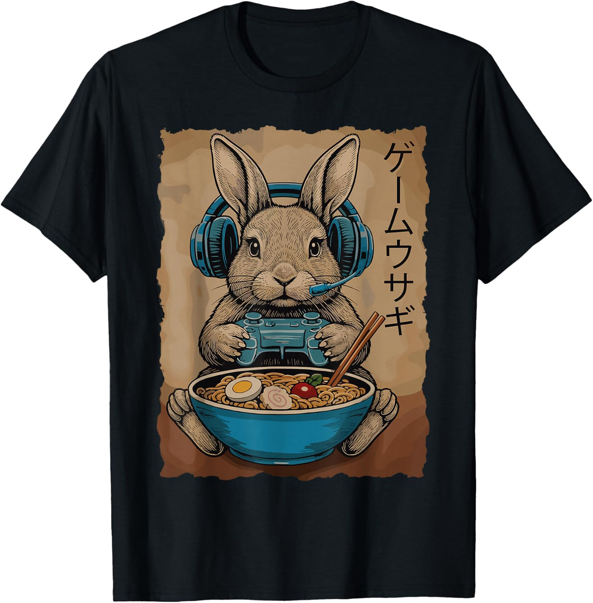 Rabbit Gamer Ramen Gaming Funny Men Women Kids T-Shirt - Black