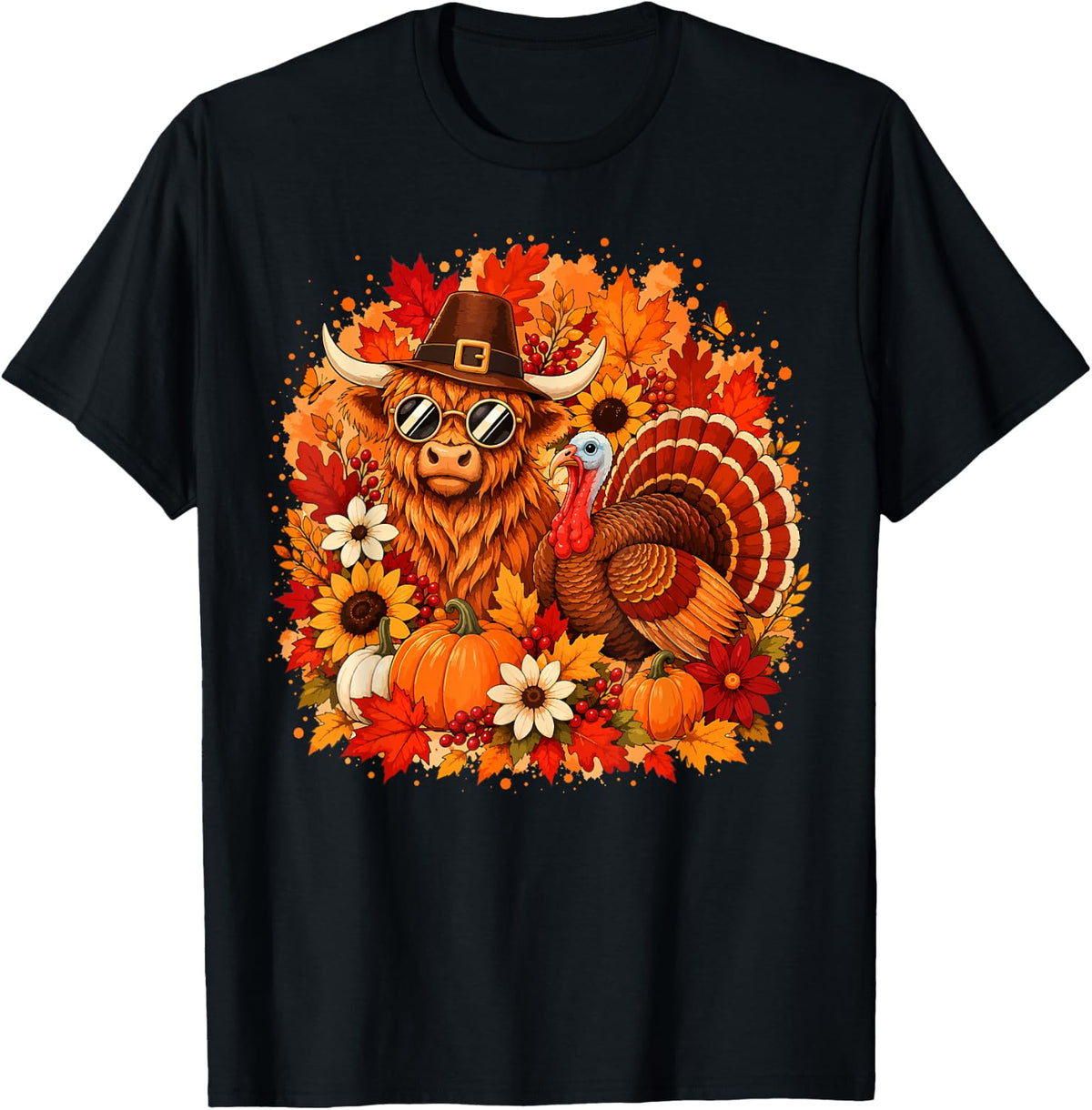 Thanksgiving Funny Highland Cow & Turkey Fall Autumn Kids T-Shirt - Black