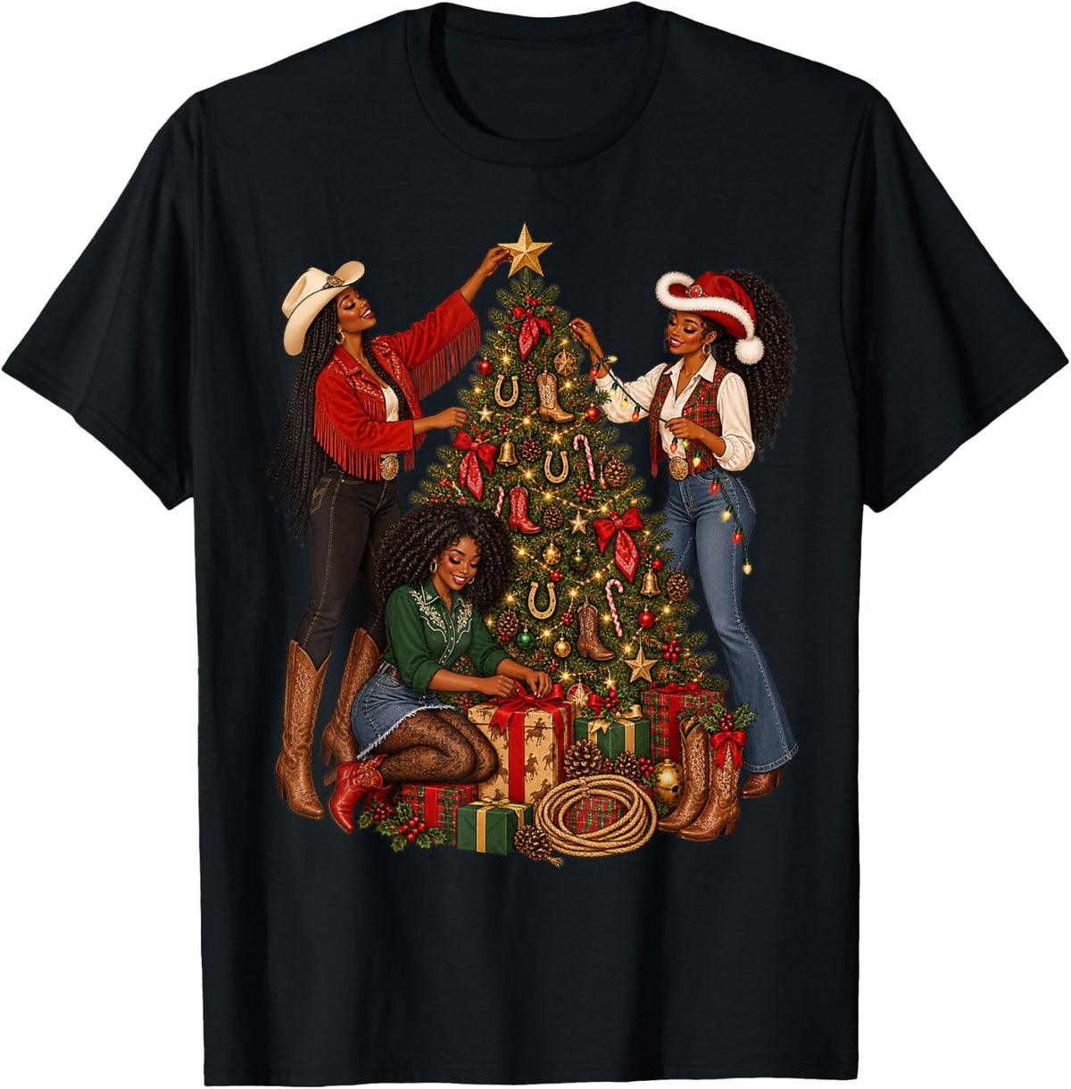 Black Cowgirl Christmas Tree Decorating Western Rodeo Xmas T-Shirt - Black