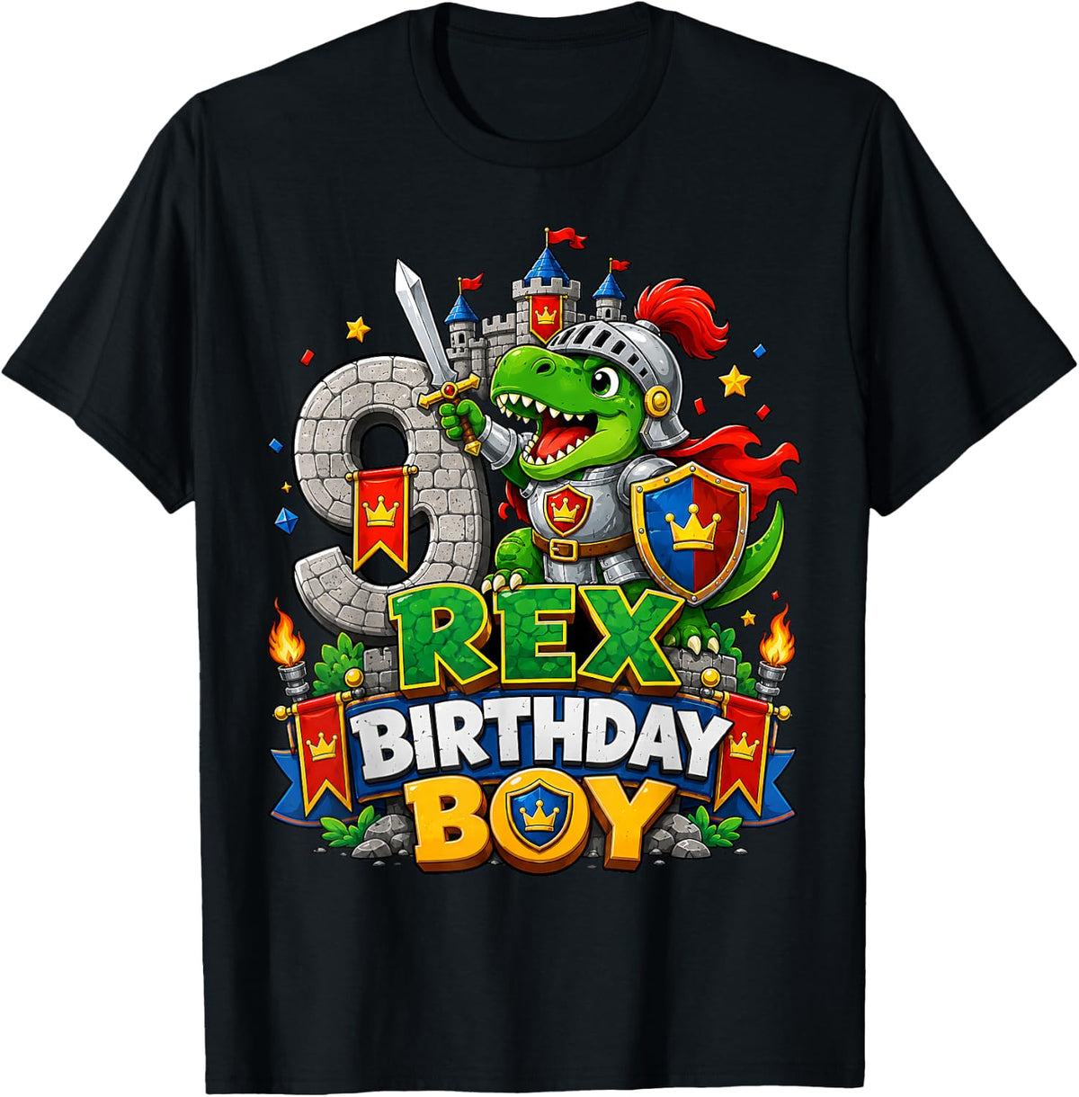 9th Birthday Dinosaur Knight Sword Boys 9 Years Old T Rex T-Shirt - Black