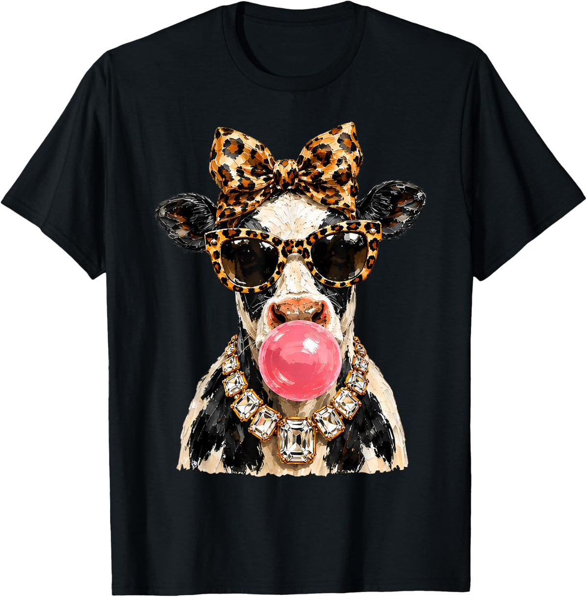 Funny Cow Bubble Gum Leopard Bow Farm Animal Lover Women T-Shirt - Black