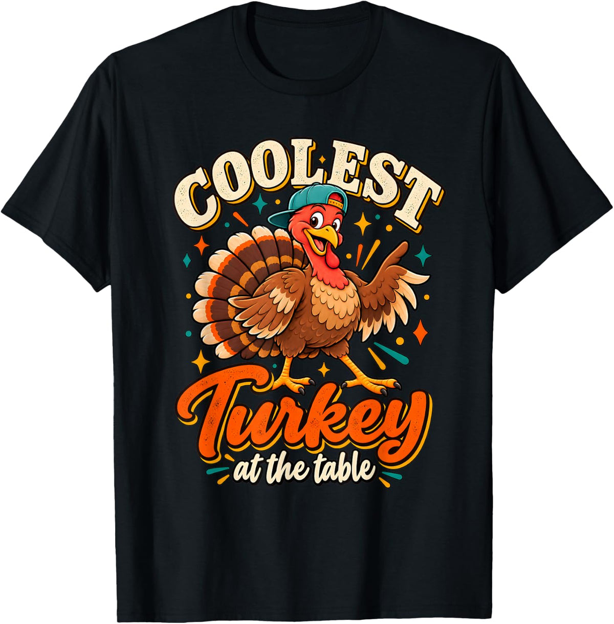 Thanksgiving Funny Turkey Cartoon Colorful Family Dinner T-Shirt - Black
