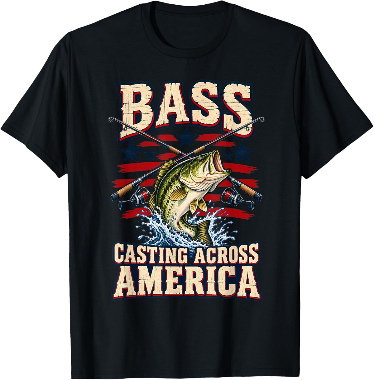 Fishing Bass Fish Fisherman American Flag T-Shirt - Black