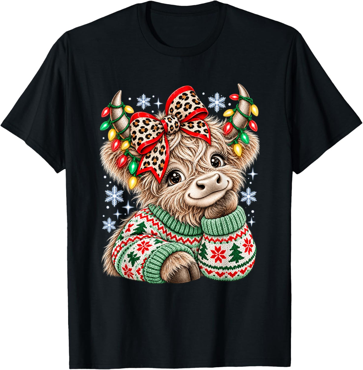 Christmas Highland Cow Cute Cow Leopard Coquette Bow T-Shirt - Black