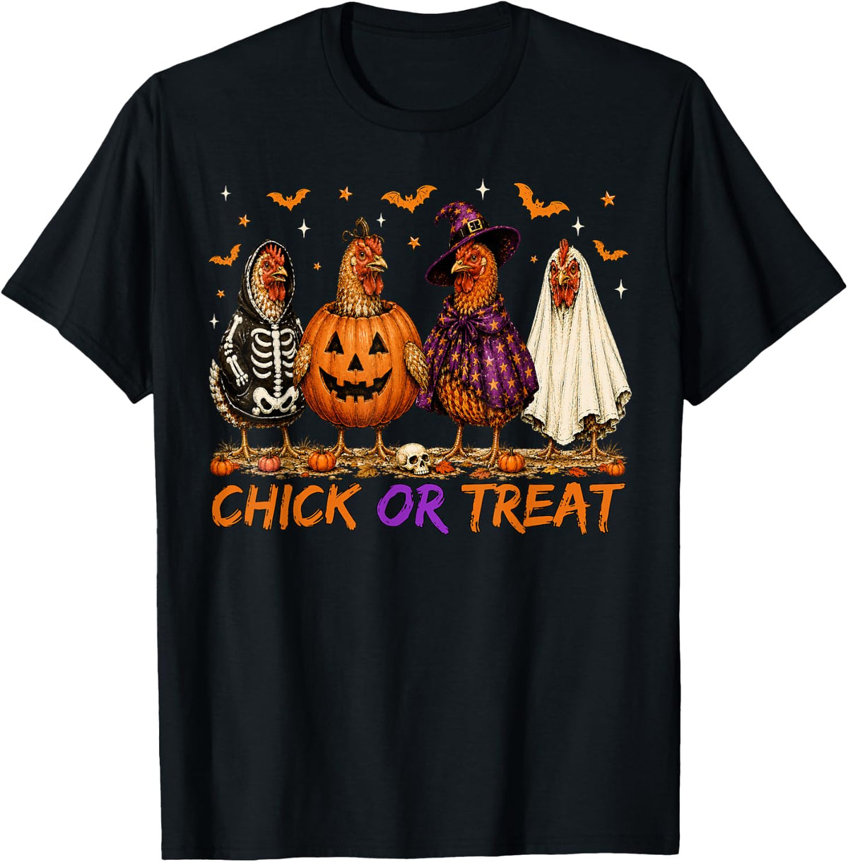 Chick Or Treat Halloween Pumpkin Ghost Spooky Funny Chicken T-Shirt - Black