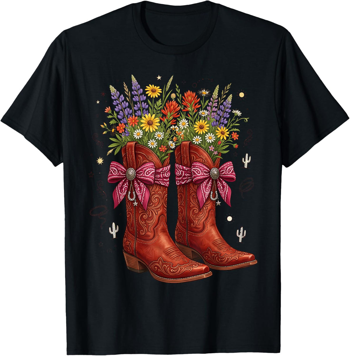 Cowgirl Boots Floral Bow Rodeo Western Cute Cowboy Boots T-Shirt - Black
