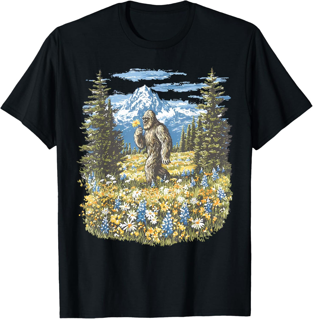 Bigfoot in Flower Field Mountain Hiking Nature Sasquatch T-Shirt - Black