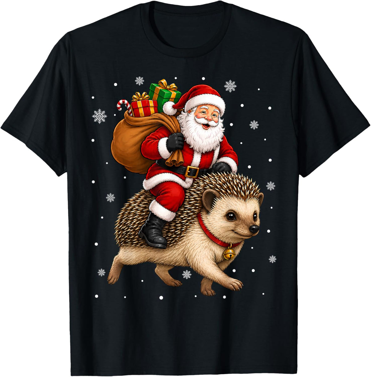 Festive Holiday Funny Santa Riding Hedgehog Christmas T-Shirt - Black