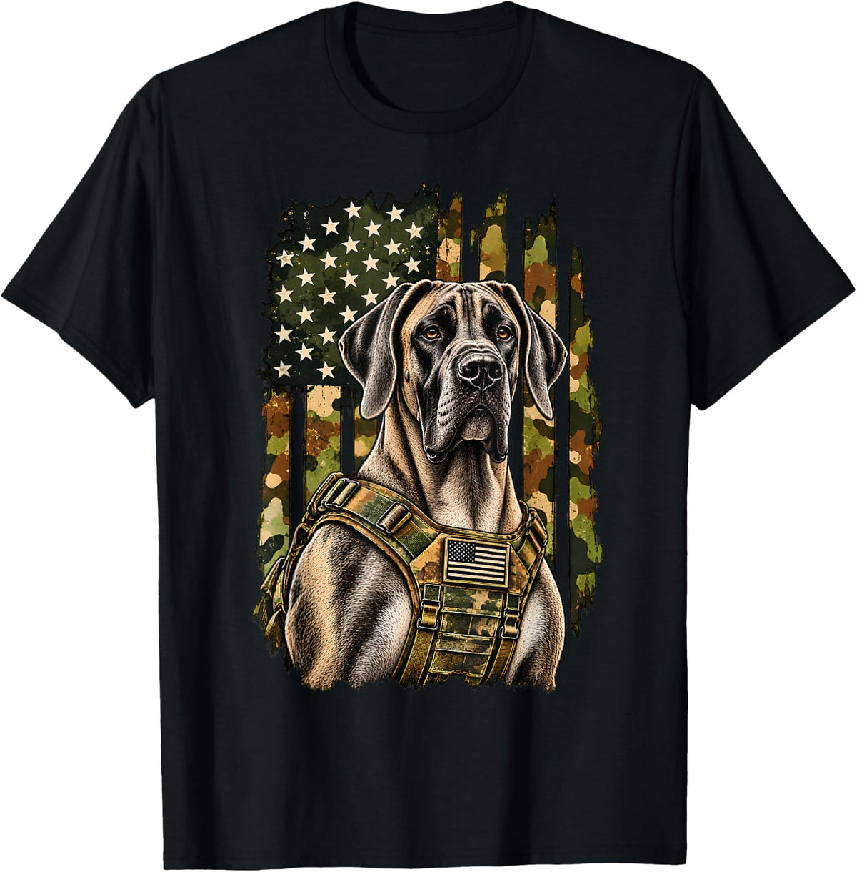 Patriotic Great Dane American Flag Military Dog Veteran USA T-Shirt - Black