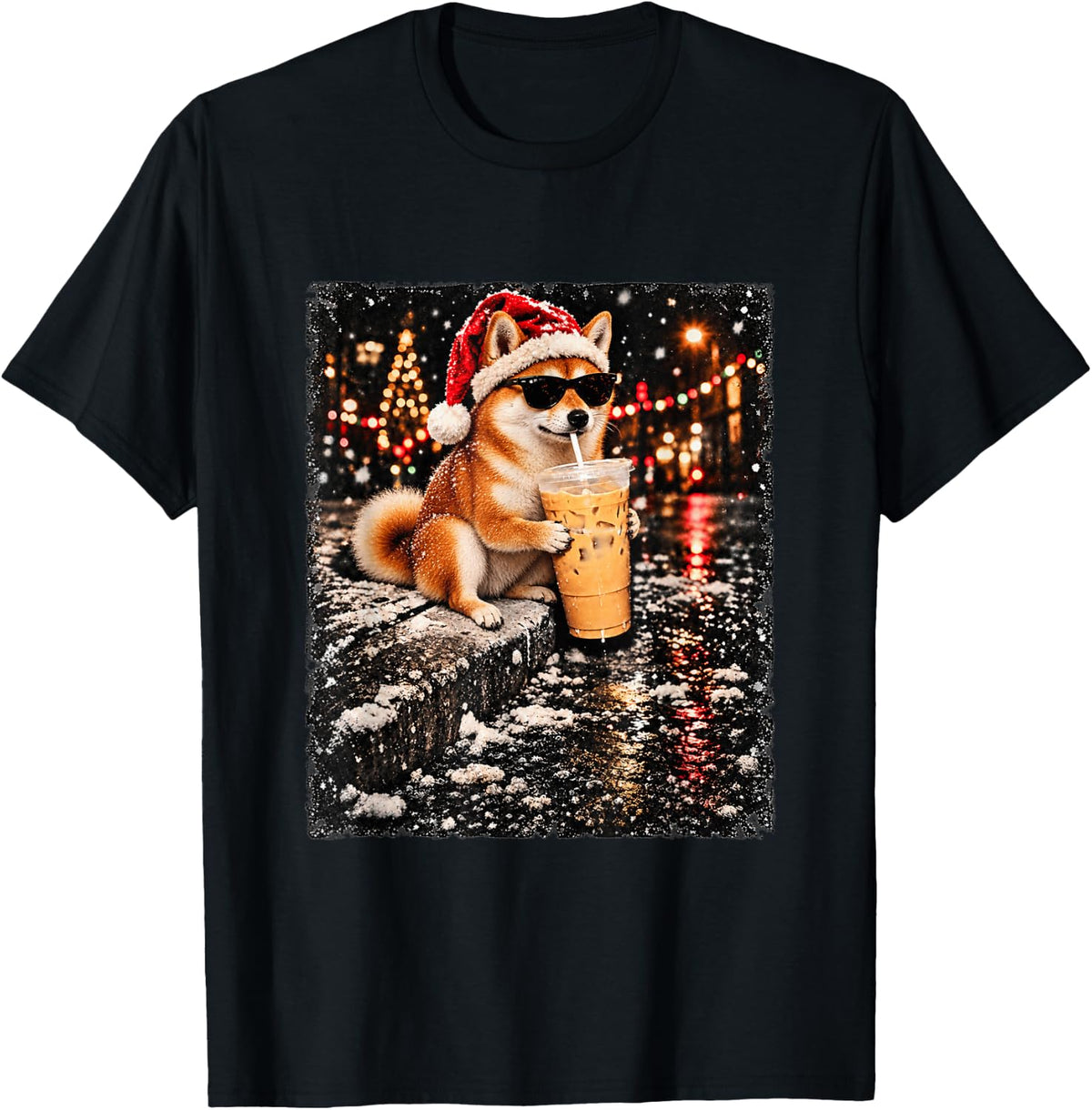 Funny Shiba Inu Drinking Iced Coffee Christmas Animal Meme T-Shirt - Black
