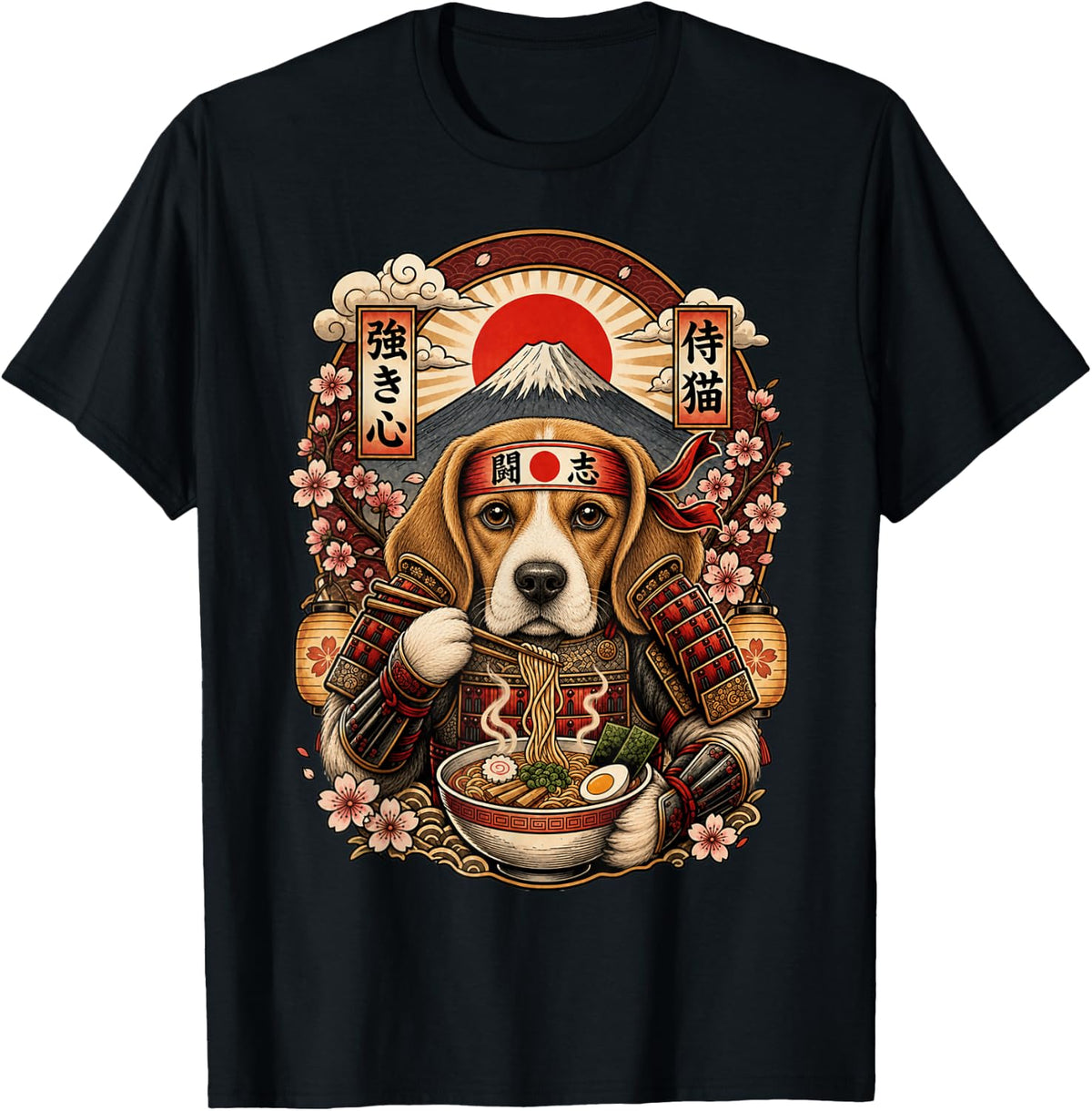 Ramen Noodles Beagle Dog Japan Graphic Samurai Warrior Snack T-Shirt - Black