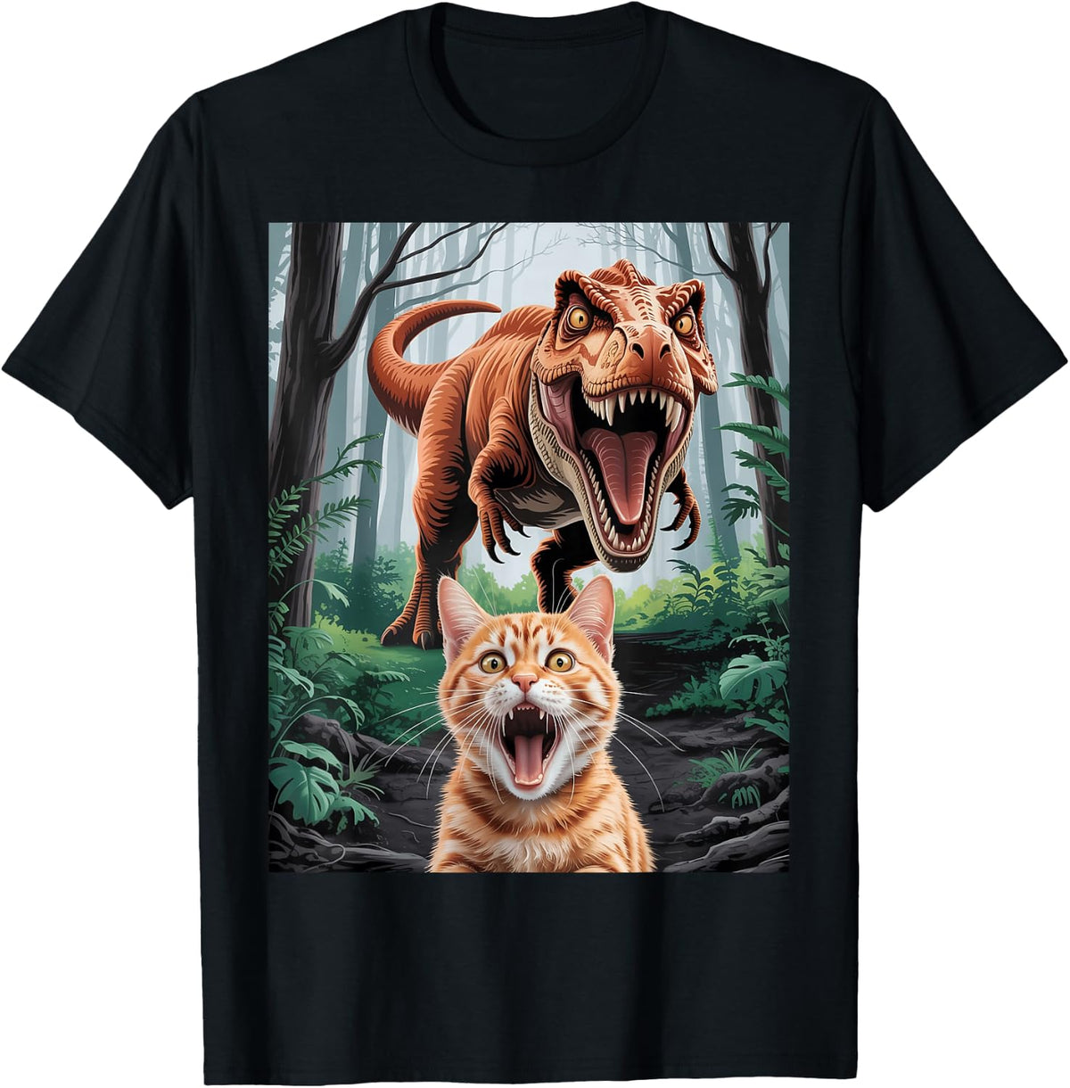 Funny Cat Selfie With Dinosaur Humor Graphic Dino Cat Lover T-Shirt - Black
