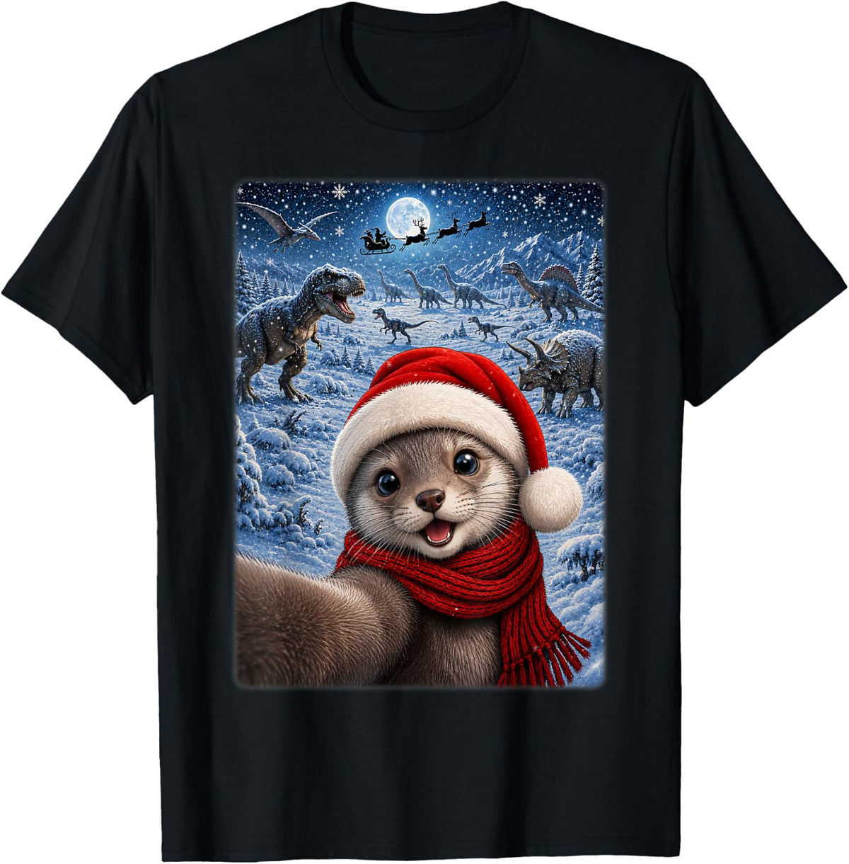 Xmas Dinosaurs Moon Night Starry Themed Ferret Christmas T-Shirt - Black