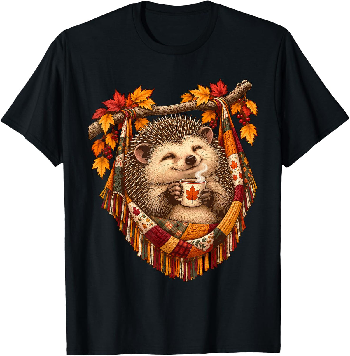 Fall Hedgehog with Coffee and Maple Leaves Autumn Animal T-Shirt - Black