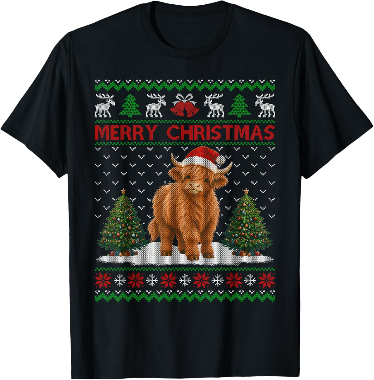 Cute Highland Cow Santa Hat Animal Ugly Christmas Sweater T-Shirt - Black