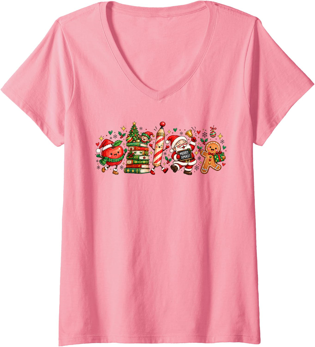 Women's Teacher Christmas Santa Gingerbread Books Cute Xmas Holiday V-Neck T-Shirt - Pink