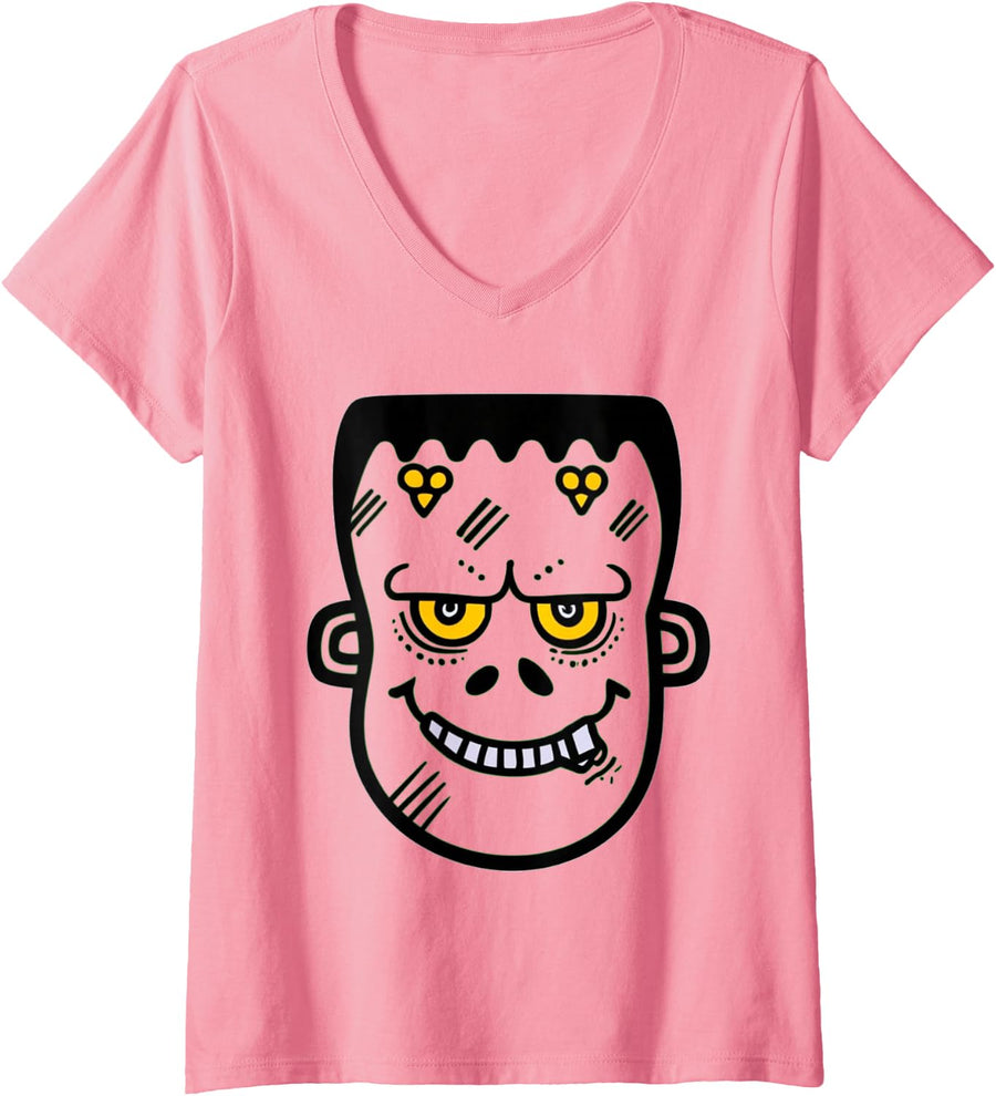 Women's Monster Munster Face Tee Frankenstein Halloween Costume V-Neck T-Shirt - Pink
