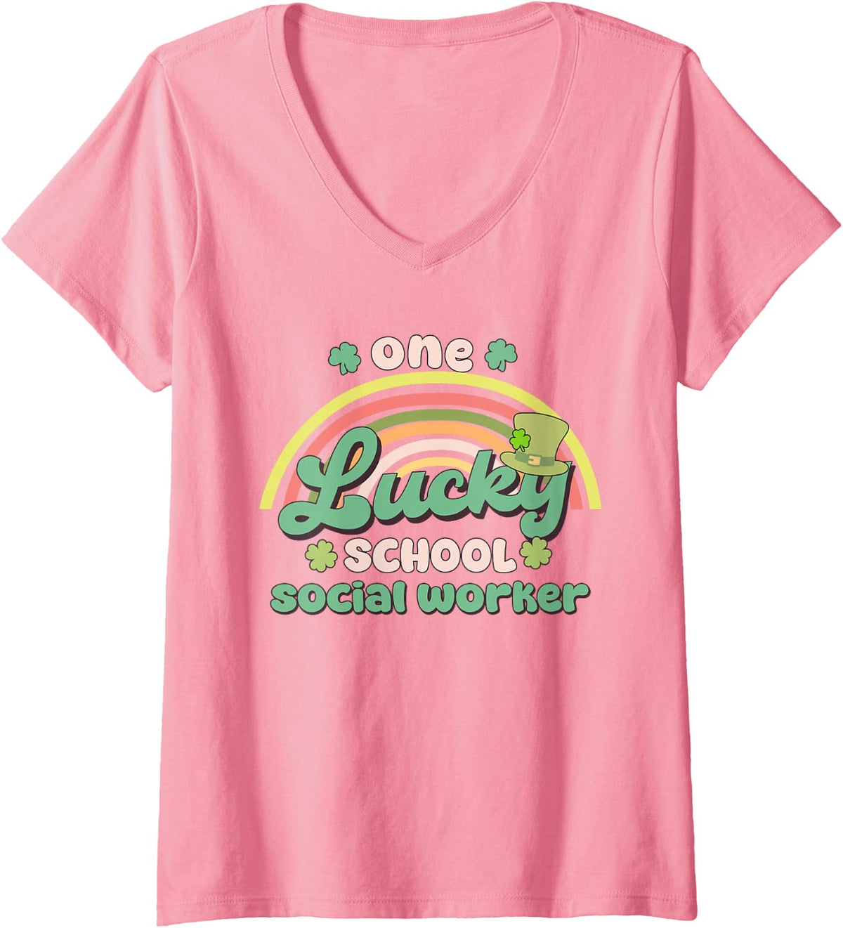 Women's One Lucky School Social Worker St Patricks Day Groovy V-Neck T-Shirt - Pink
