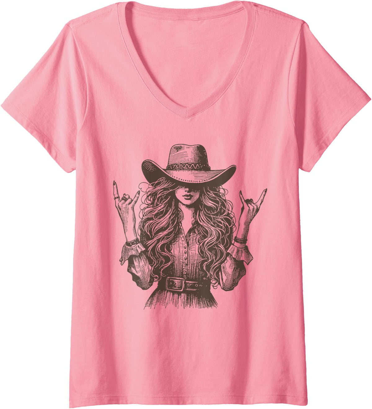 Women's Vintage Girl Western Rocker Graphic Rodeo Women Girls V-Neck T-Shirt - Pink