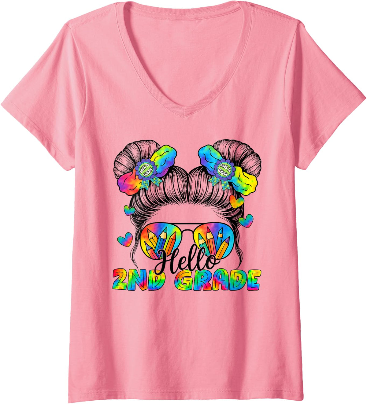 Women's Back to School Tie Dye Hello 2nd Grade Messy Bun Girl V-Neck T-Shirt - Pink