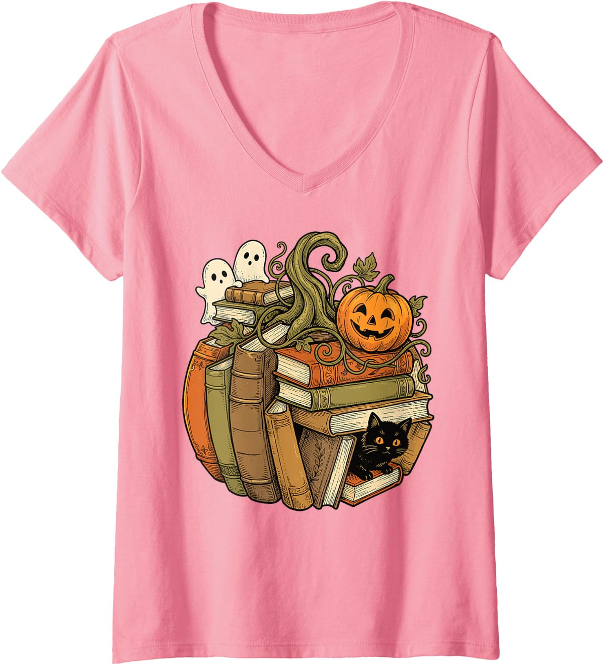 Women's Pumpkin Books Reading Ghosts Cat Halloween Teacher Librarian V-Neck T-Shirt - Pink