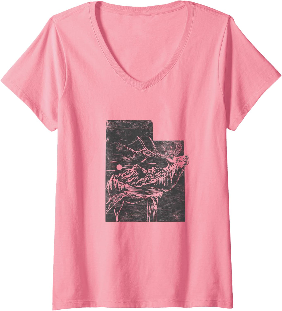 Women's Utah Elk Hunting Distressed Nature V-Neck T-Shirt - Pink
