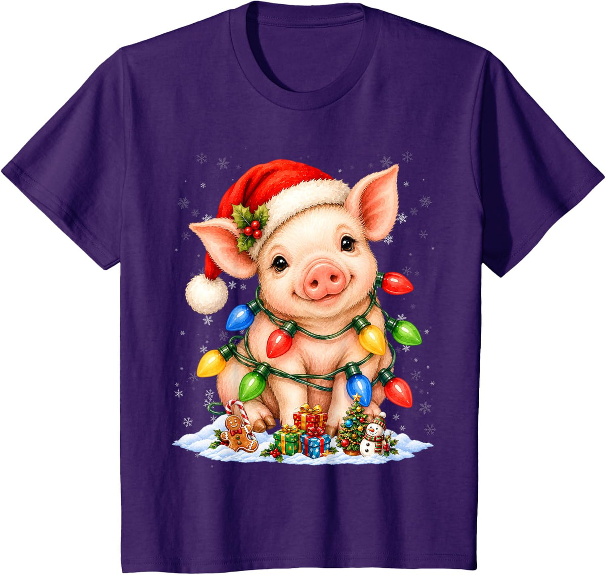 Pig Christmas Lights Holiday Animal Design T-Shirt - Purple