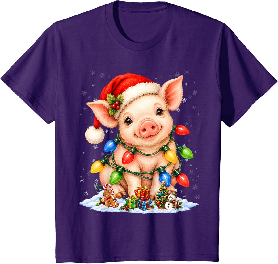 Pig Christmas Lights Holiday Animal Design T-Shirt - Purple