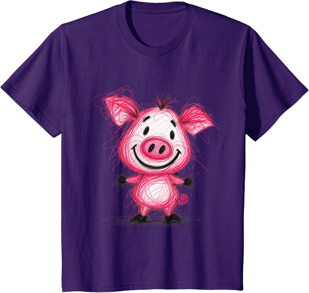 Funny Pig Tee Cute Scribble Animal Design T-Shirt - Purple