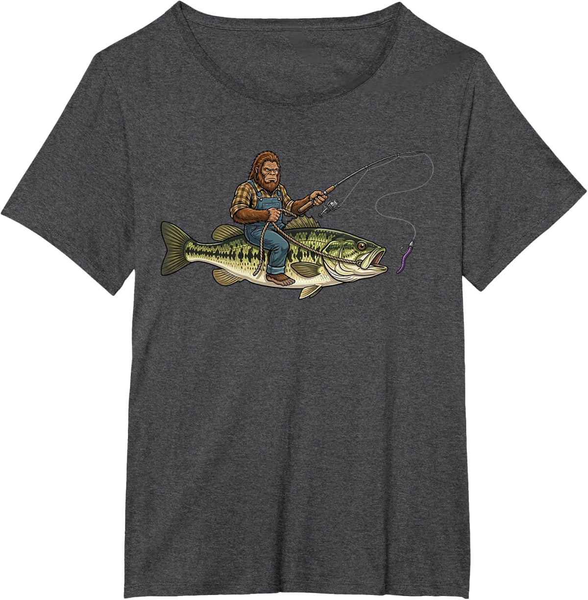 Largemouth Bass Fishing Bigfoot Riding Fisherman Funny T-Shirt - Dark Heather Grey