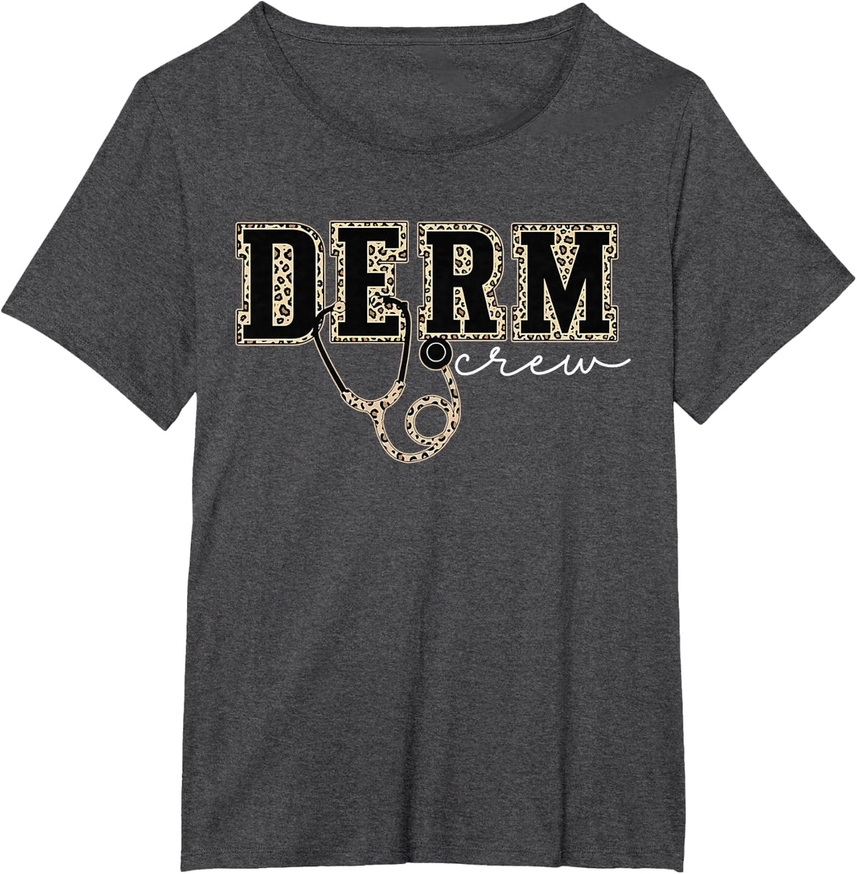 Leopard Stethoscope Dermatology Crew Nurse Cosmetic Derma T-Shirt - Dark Heather Grey
