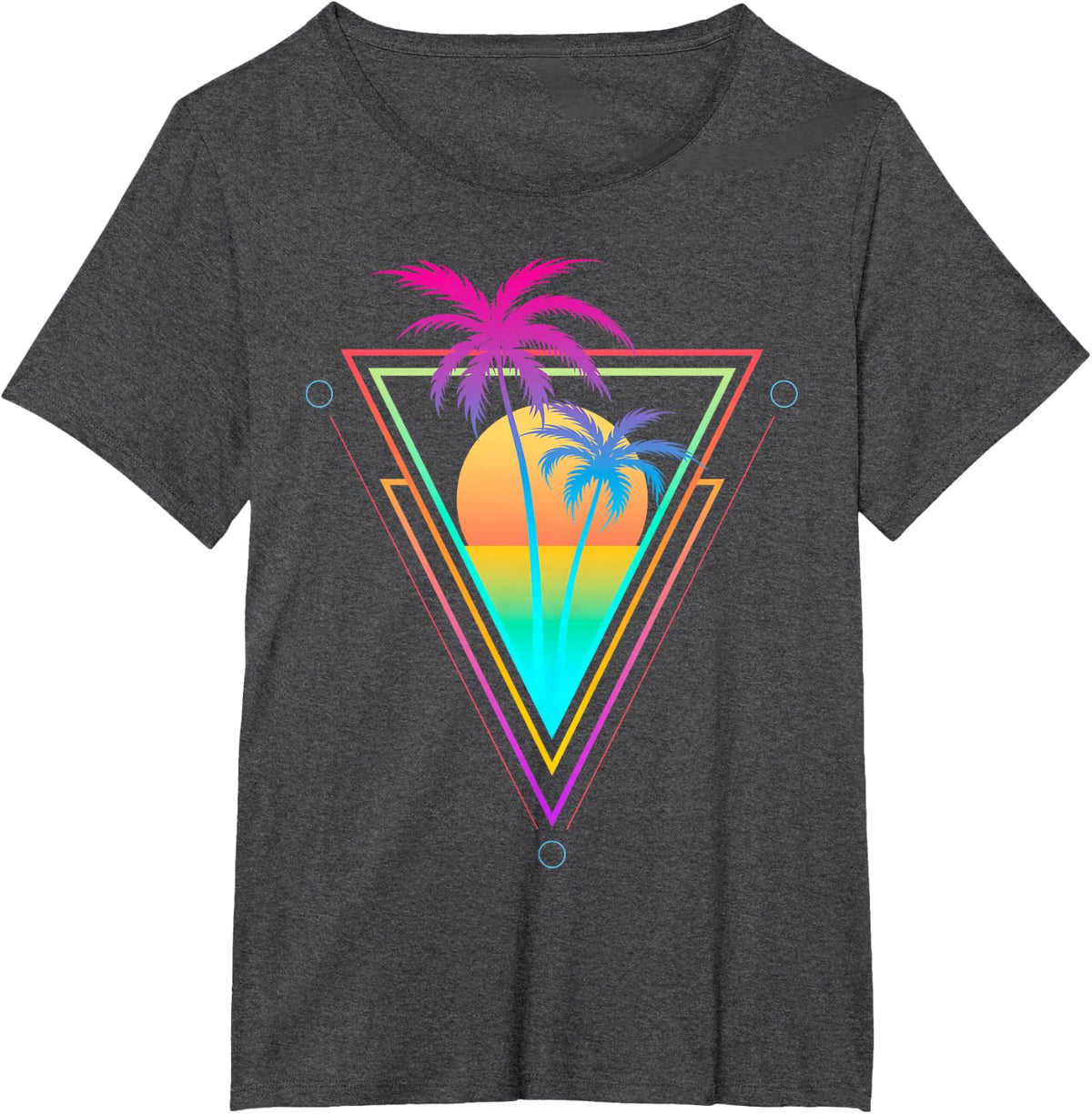 Retro 1980s 1990s Vaporwave Palm Trees Sunset Beach Surf Art T-Shirt - Dark Heather Grey