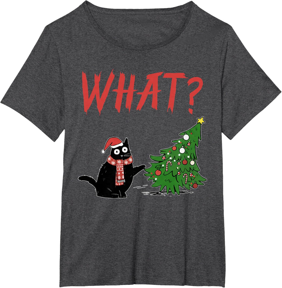 Funny Black Cat Gift Pushing Christmas Tree Over Cat What? T-Shirt - Dark Heather Grey