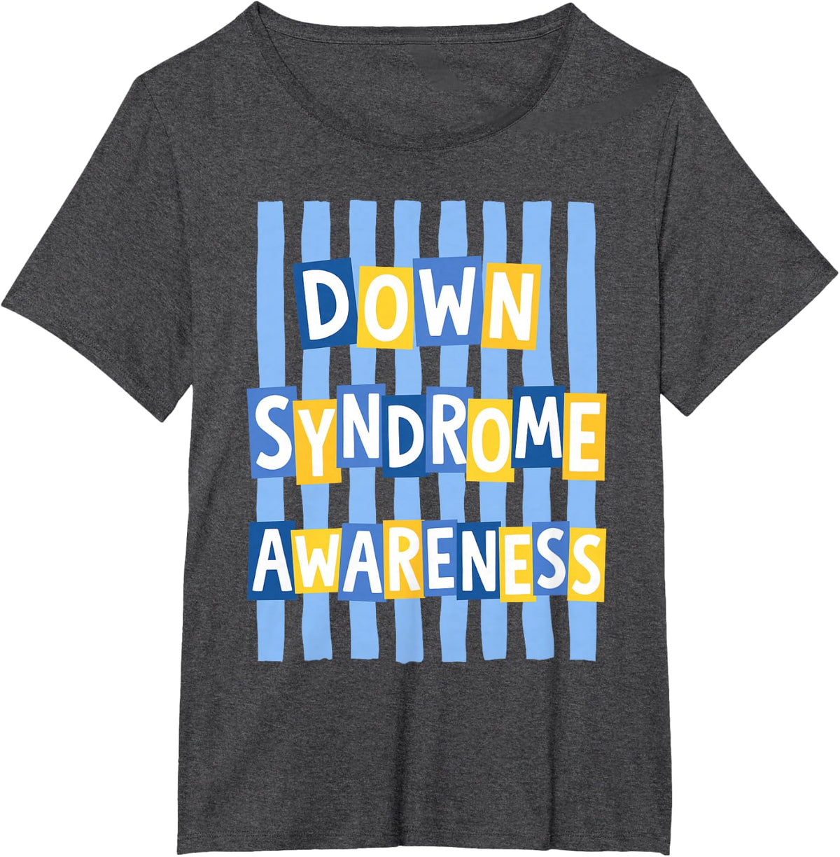 Down Syndrome Awareness Striped Blue & Yellow Ribbon Support T-Shirt - Dark Heather Grey
