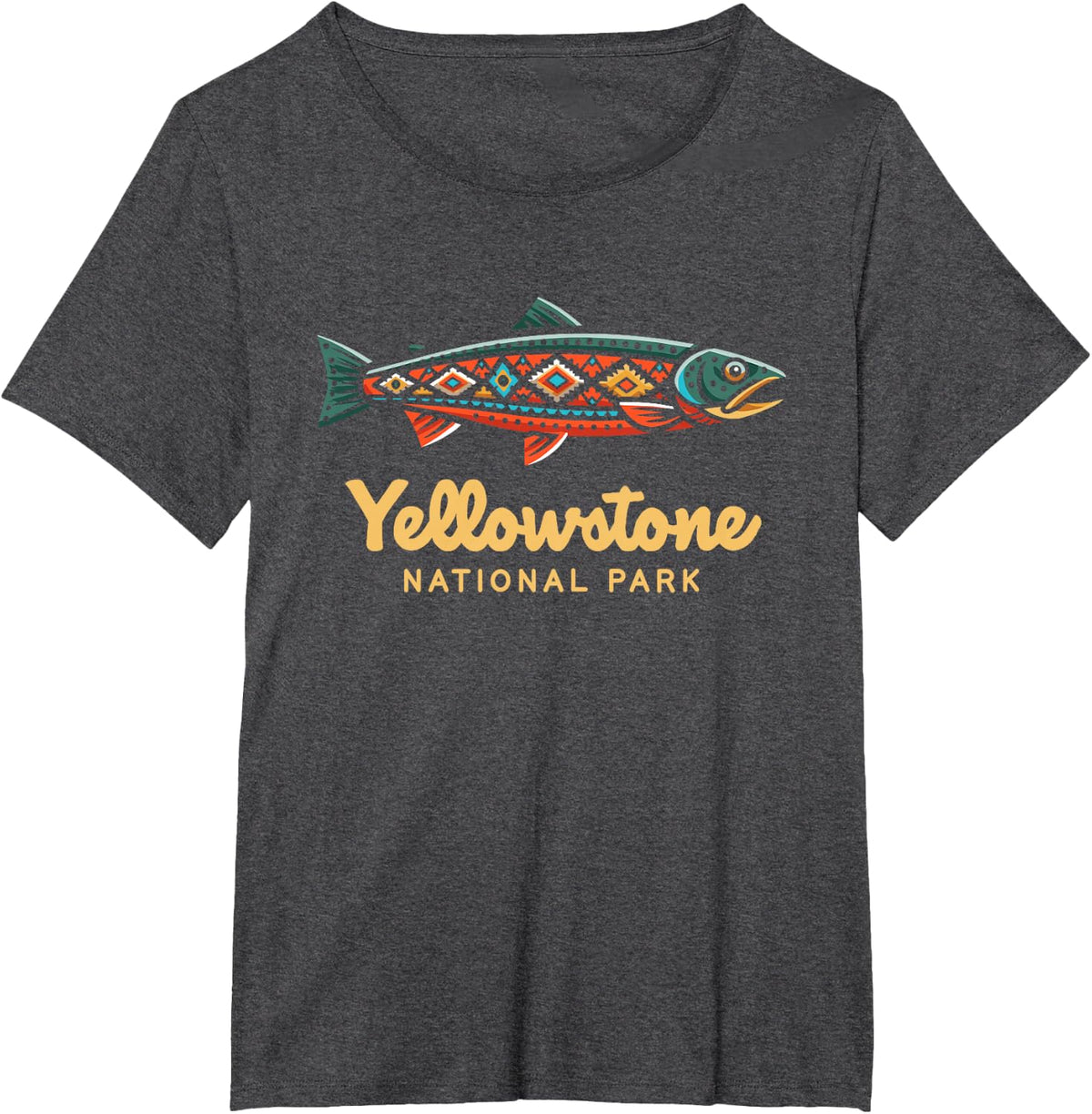 Yellowstone National Park Artistic Trout Fish Fly Fishing T-Shirt - Dark Heather Grey