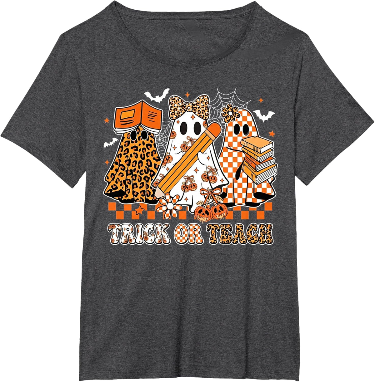 Trick Or Teach Groovy Teacher Halloween Retro Leopard Ghost T-Shirt - Dark Heather Grey
