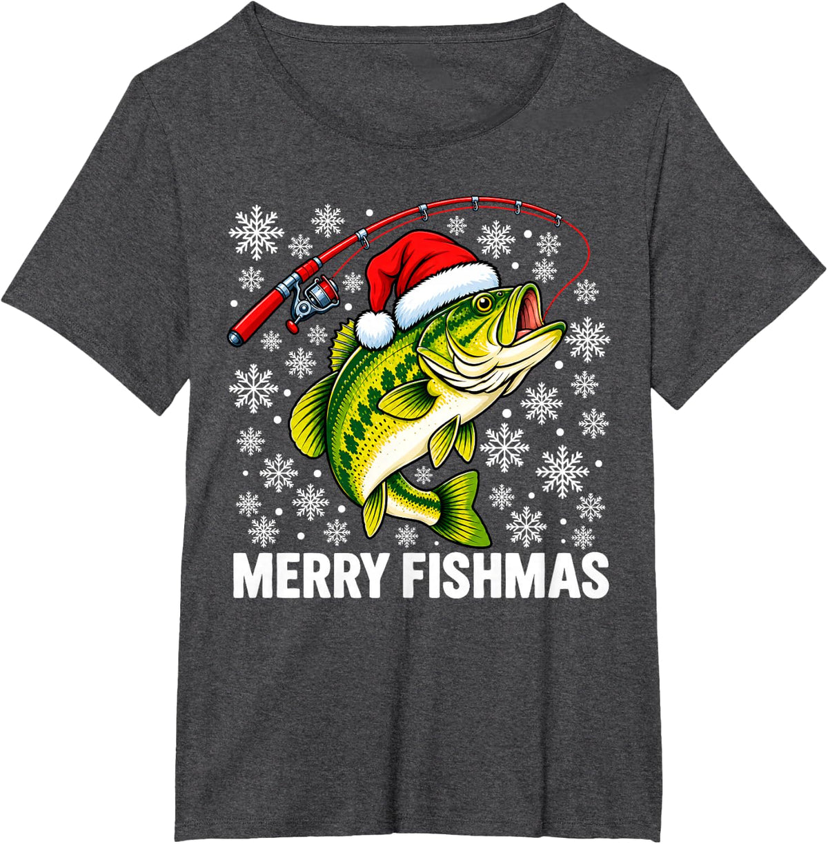 Merry Fishmas Santa Hat Bass Fish Fishing Christmas T-Shirt - Dark Heather Grey