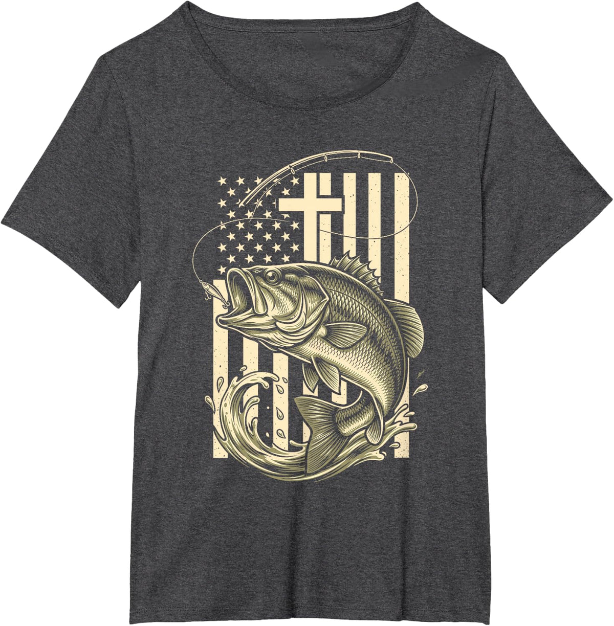 Christian Bass Fishing American Flag Cross Men T-Shirt - Dark Heather Grey