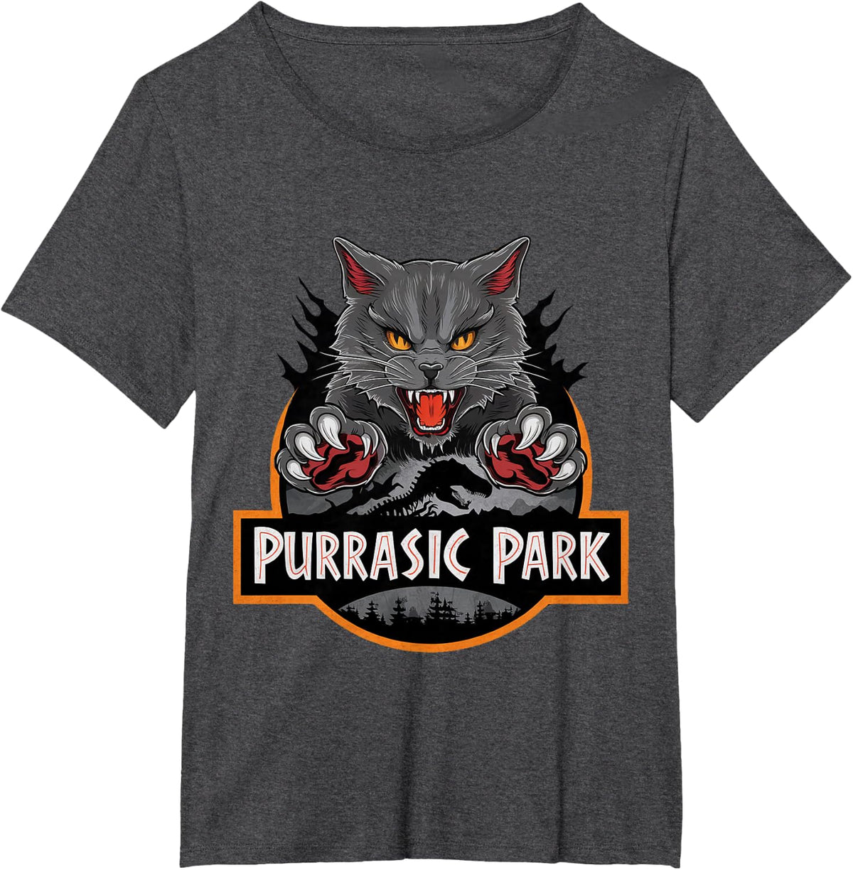 Purrasic Park Cat T-Rex Ancient Feline Dinosaur T-Shirt - Dark Heather Grey