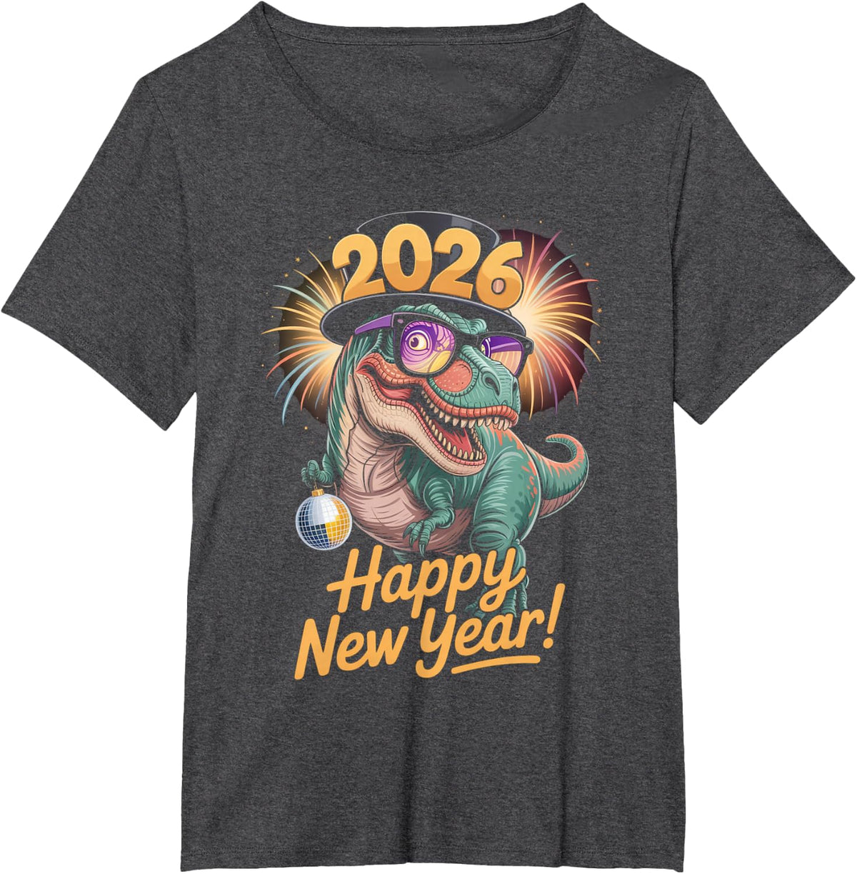 Happy New Year 2026 Dinosaur Funny T-Rex Tee for Kids Teens T-Shirt - Dark Heather Grey