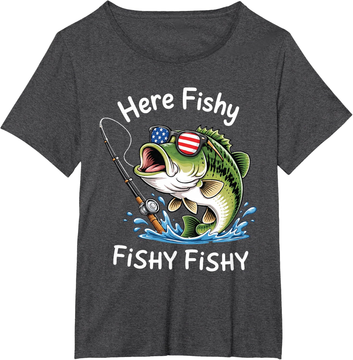 Here Fishy Fisherman Funny Bass Fish Sunglasses Love Fishing Tees T-Shirts - Dark Heather Grey