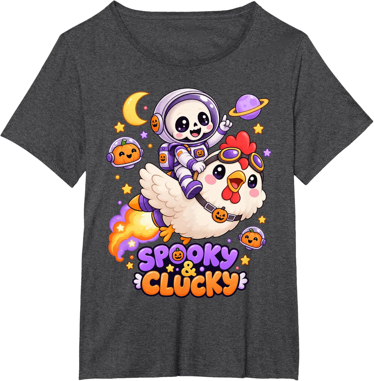 Spooky & Clucky Funny Halloween Skeleton Riding Chicken T-Shirt - Dark Heather Grey