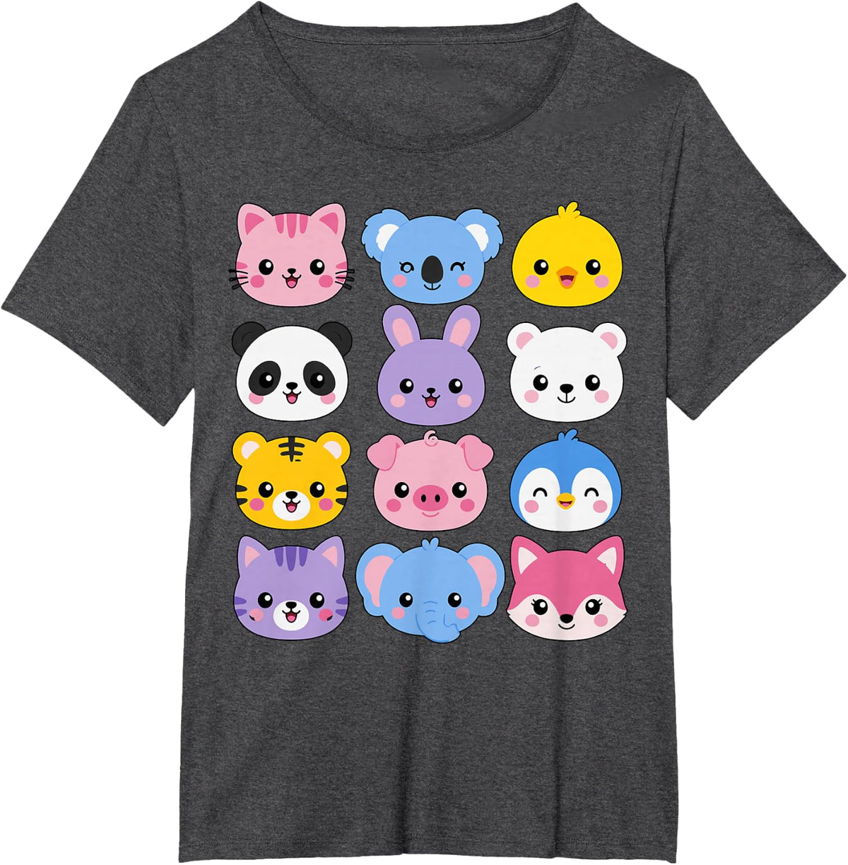 Cute Animal Faces Colorful Grid T-Shirt - Dark Heather Grey