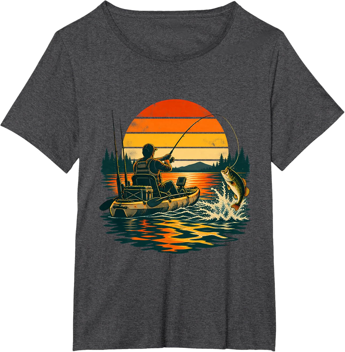 Retro Sunset Kayak Bass Fishing Angler Adventure T-Shirt - Dark Heather Grey