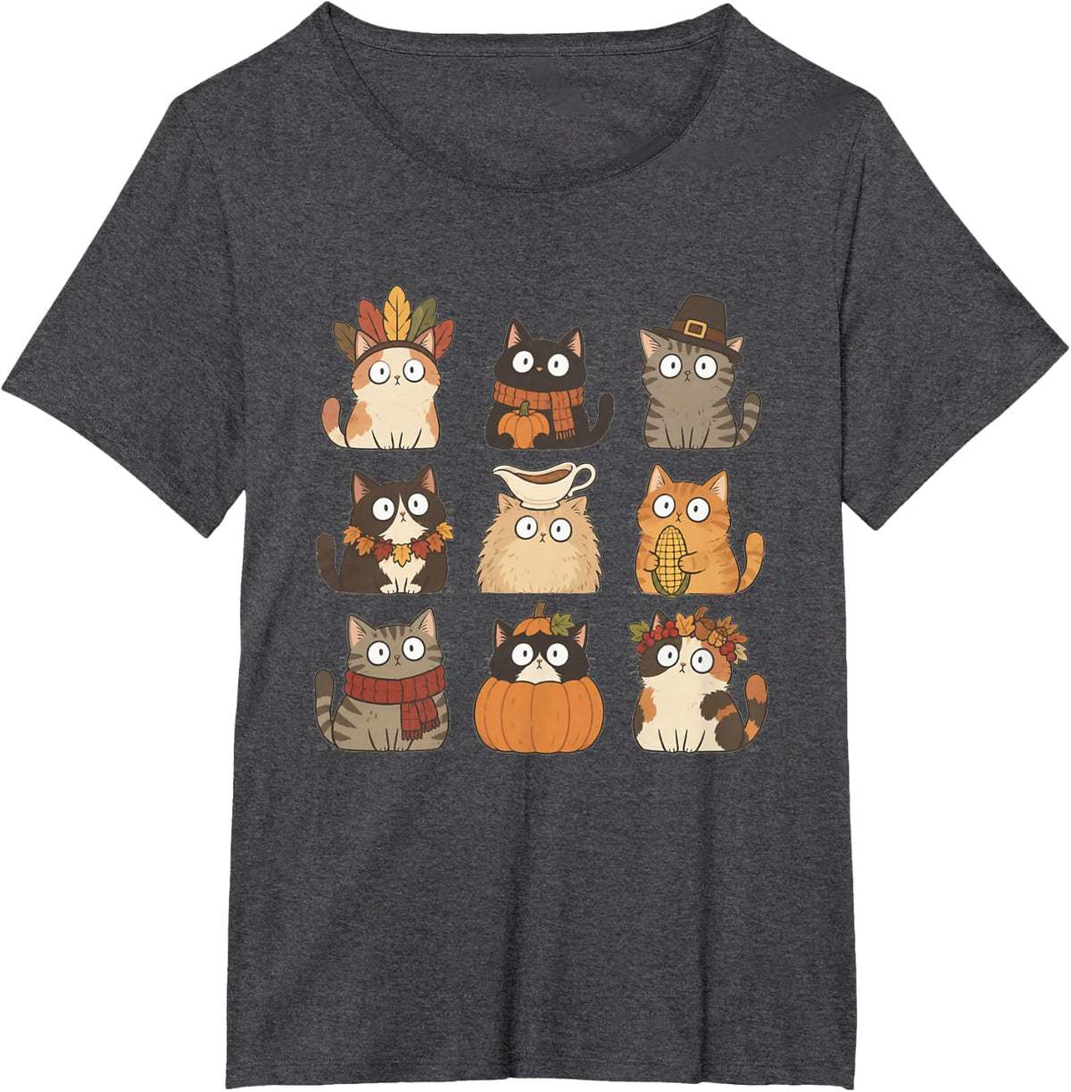 Thanksgiving Cats Cute Pumpkin Cat Funny Turkey Day Kitty T-Shirt - Dark Heather Grey