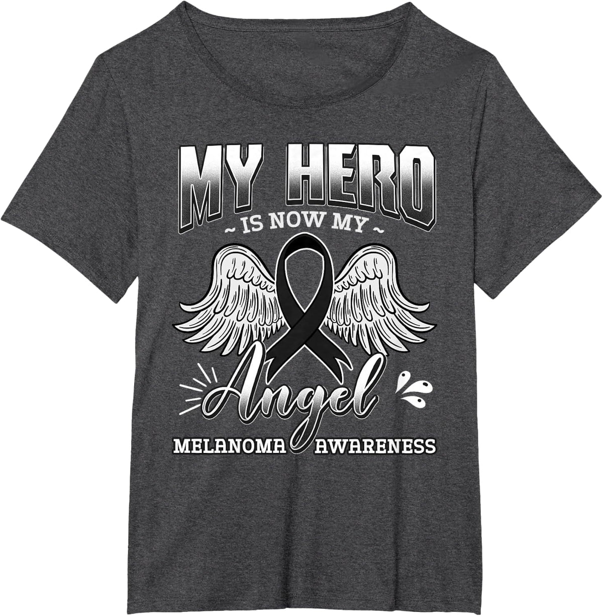My Hero Is Now My Angel Melanoma Cancer Black Ribbon Clouds T-Shirt - Dark Heather Grey