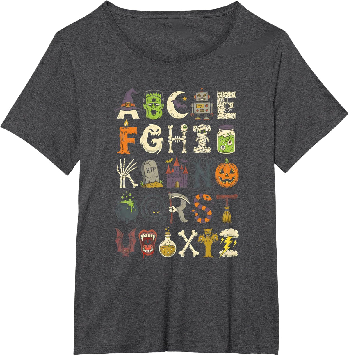 Cute Halloween Alphabet ABC Spooky Characters Fall T-Shirt - Dark Heather Grey
